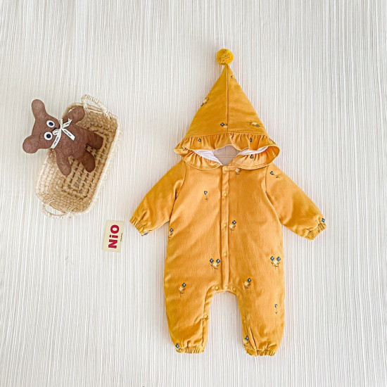 3M-3Y Coral Fleece Cotton Embroidery And Solid Print With Cut Hat Romper Jumpsuit Baby  Clothing   