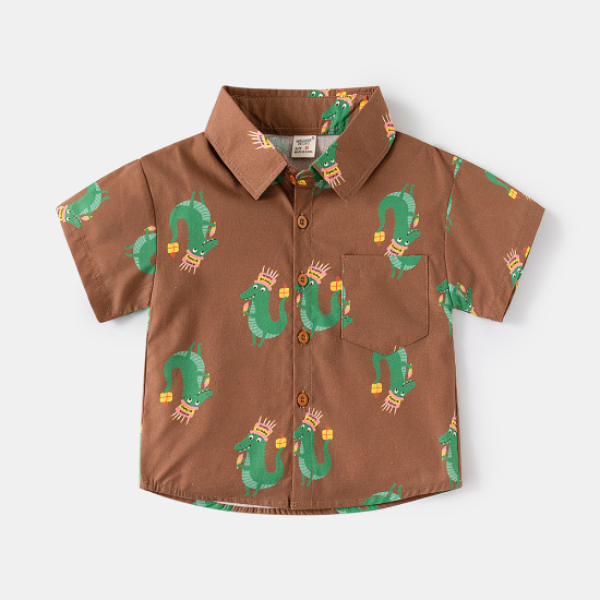 18M-6Y Toddler Boys Dinosaur Car Print Short Sleeve Lapel Shirts  Boys Clothing   