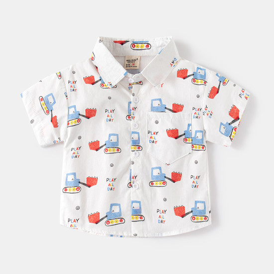 18M-6Y Toddler Boys Dinosaur Car Print Short Sleeve Lapel Shirts  Boys Clothing   