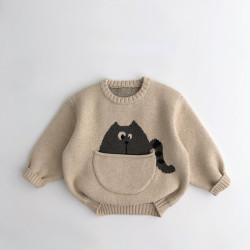 12M-7Y Toddler Cartoon Pocket Pullover Knitted Sweater  Toddler Clothing   