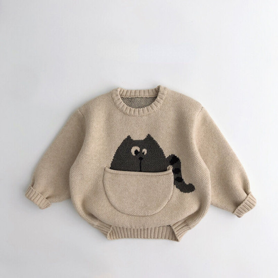 12M-7Y Toddler Cartoon Pocket Pullover Knitted Sweater  Toddler Clothing   