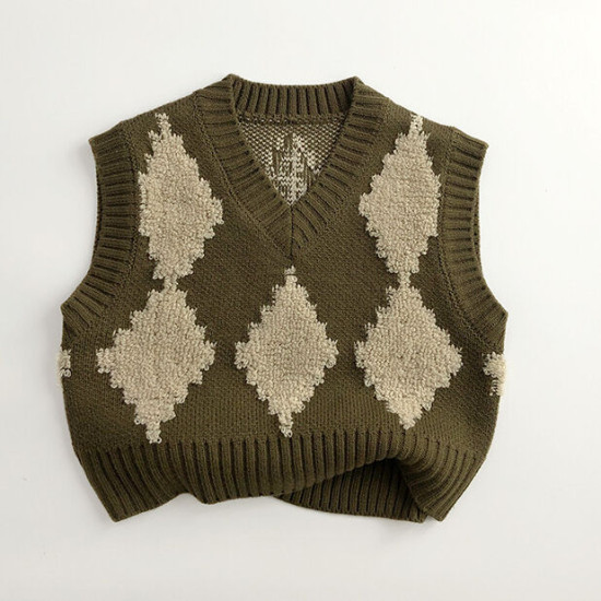 12M-7Y Toddler Retro Rhombus Vest V-Neck Knitted Sweater  Toddler Clothing   