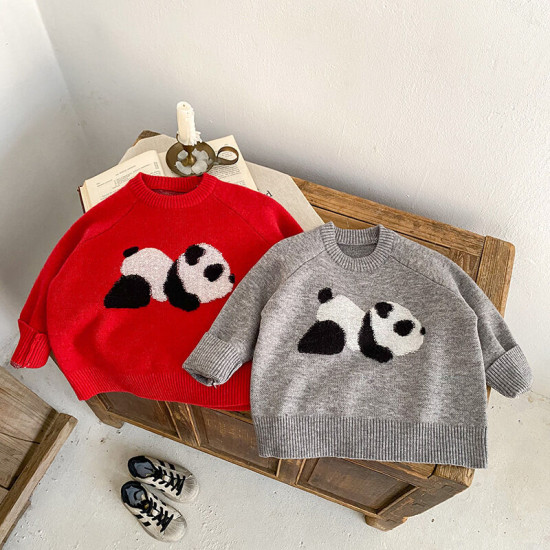 18M-8Y Kids Boys Cartoon Panda Knitted Crew Neck Sweater  Boys Clothing   