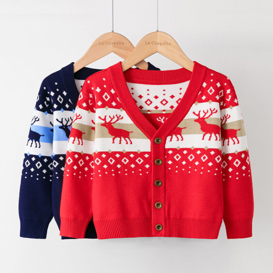 2-7Y Toddler Christmas V-Neck Fawn Knitted Cardigan Jumper  Toddler Boutique Clothing   