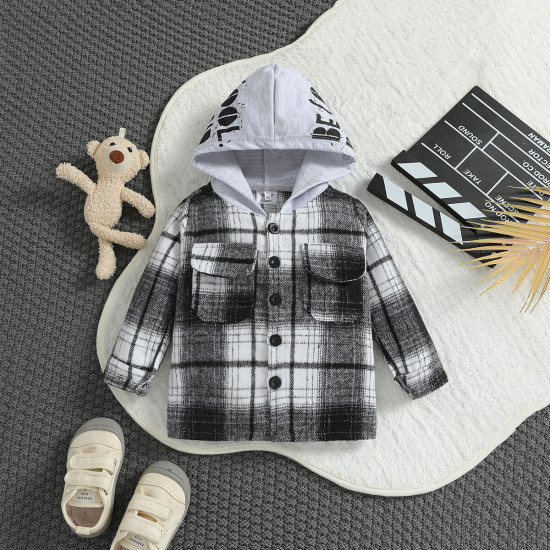 9M-5Y Toddler Boys Plaid Coat Print Hooded Coat Cardigan  Boys Clothing   