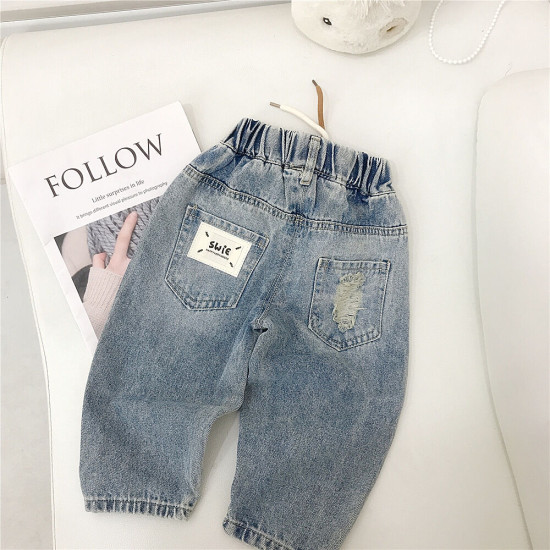 9M-6Y Toddler Girl & Boy Solid Color Letter Print Ripped Jeans  Children Clothing   