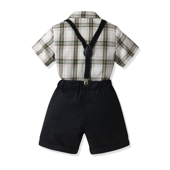 18M-7Y Toddler Boys Suit Sets Plaid Bowtie Shirts & Suspender Shorts  Boys Clothes   