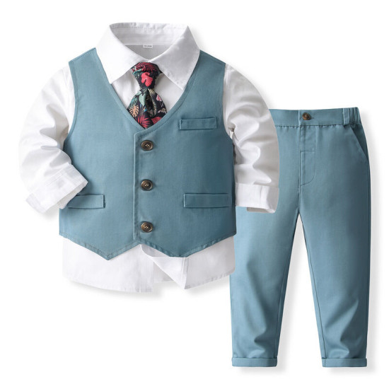 12M-5Y Toddler Boys Suit Sets Blue Shirts & Vest & Pants  Boys Clothing   