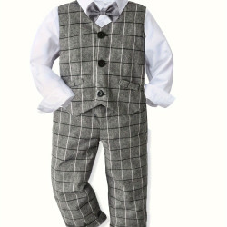 12M-6Y Toddler Boys Suit Sets Long-Sleeved Shirt & Plaid Vest & Trousers  Boys Clothing   