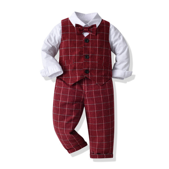 12M-6Y Toddler Boys Suit Sets Long-Sleeved Shirt & Plaid Vest & Trousers  Boys Clothing   