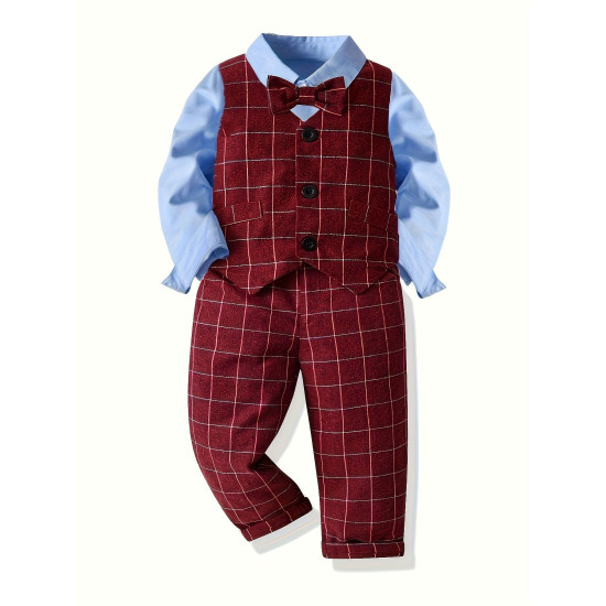 12M-6Y Toddler Boys Suit Sets Long-Sleeved Shirt & Plaid Vest & Trousers  Boys Clothing   