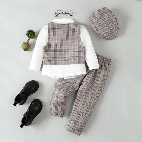 18M-6Y Toddler Boys 4pcs Plaid Vest & Shirts & Pants & Hats  Boys Boutique Clothing   