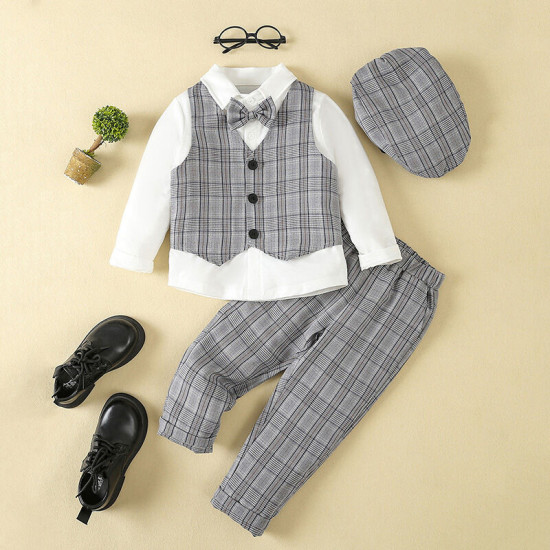 18M-6Y Toddler Boys 4pcs Plaid Vest & Shirts & Pants & Hats  Boys Boutique Clothing   