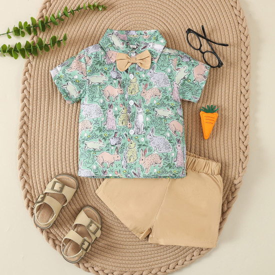 9M-5Y Toddler Boys Easter Bunny Print Gentleman's Shirt Set  Boys Clothes   