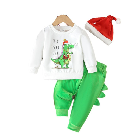 9M-4Y Toddler Boys Christmas Sets Cartoon Dinosaur Print Sweatshirt Trousers Hats  Boys Clothing   