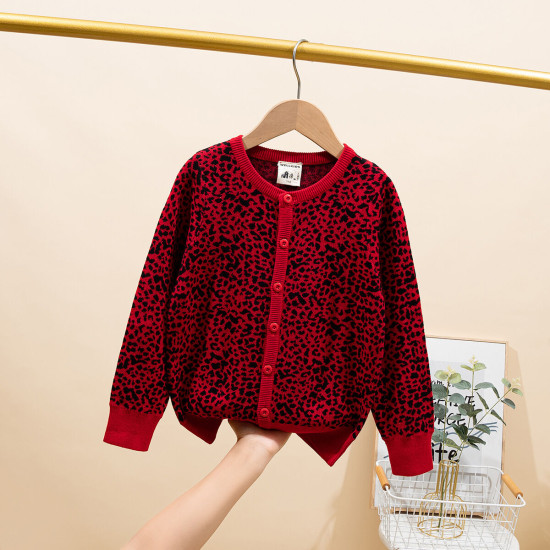 3-7Y Unisex Christmas Round Neck Leopard Print Sweater Knitted Cardigan  Toddler Boutique Clothing   