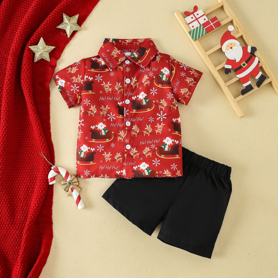 9M-4Y Toddler Boys Christmas Printed Shirt And Shorts Set  Boys Clothing   