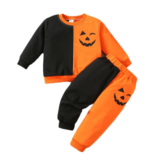 18M-6Y Toddler Boys Halloween Pumpkin Lantern Patchwork Pullover Trousers Set  Boys Clothes   