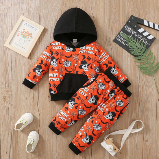 18M-6Y Toddler Boys Halloween Skull Hooded Sweatshirt And Pants Two-Piece Set  Boys Clothes   