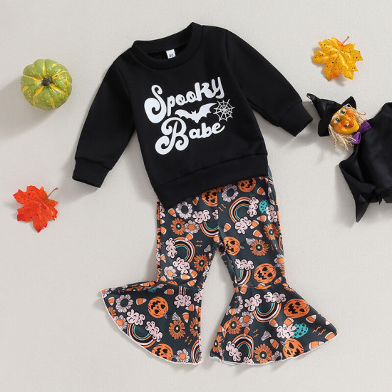 9M-4Y Halloween Toddler Lettered Long Sleeve Sweatshirt Flared Pants Set  Girls Clothes   