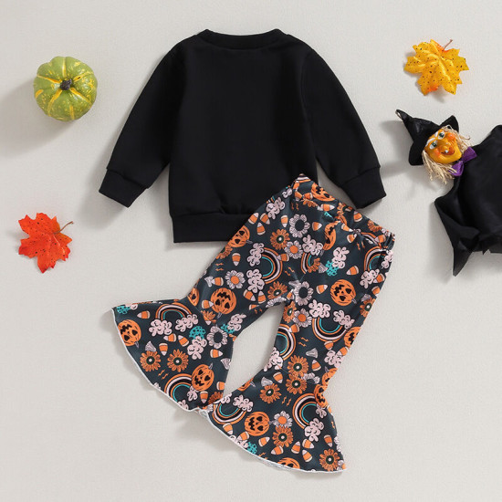 9M-4Y Halloween Toddler Lettered Long Sleeve Sweatshirt Flared Pants Set  Girls Clothes   