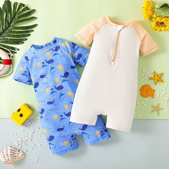 9M-5Y Toddler Boys Half-Zip Shorts Sleeve One-Piece Swimsuit  Boys Clothing   