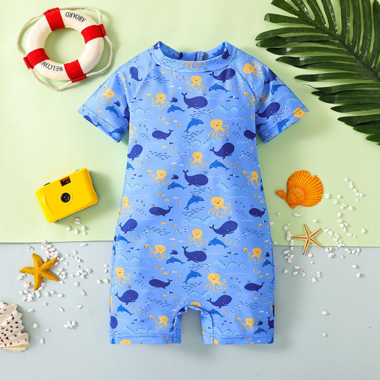 9M-5Y Toddler Boys Half-Zip Shorts Sleeve One-Piece Swimsuit  Boys Clothing   
