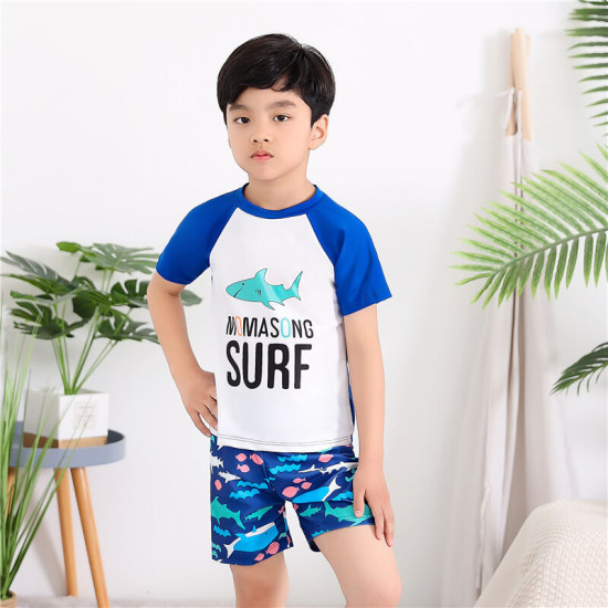4-8Y Shark Animal Letter Print Colorblock Tops And Shorts Set Swimwear  Kids Boutique Clothing  