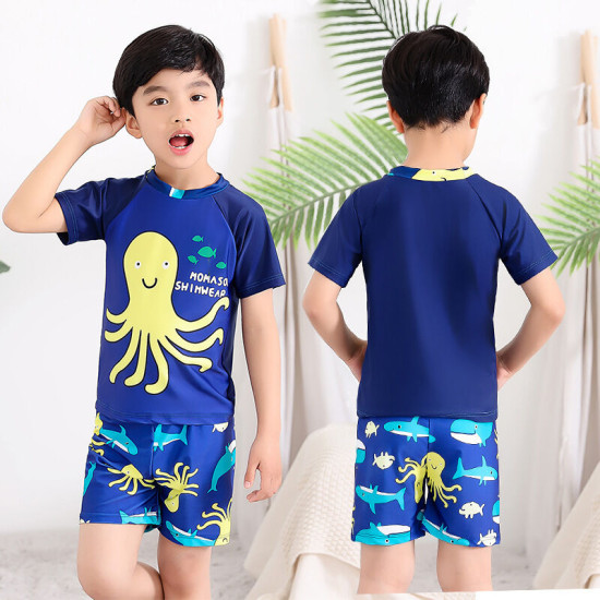 4-8Y Octopus Sea Animal Print Colorblock Tops And Short Set Swimsuit  Kids Boutique Clothing  