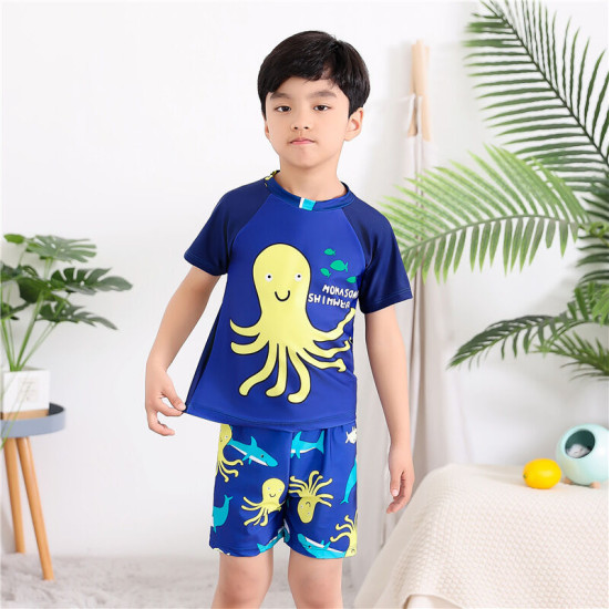4-8Y Octopus Sea Animal Print Colorblock Tops And Short Set Swimsuit  Kids Boutique Clothing  
