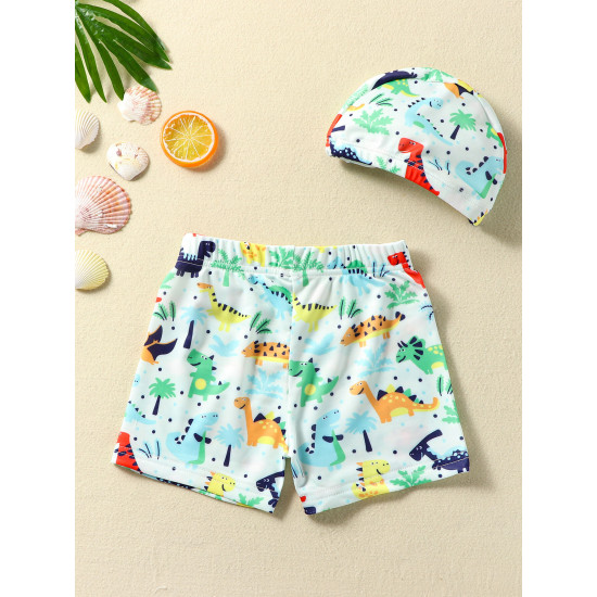 3-7Y Toddler Boy Cartoon Print Swimming Shorts And Cap  Boys Clothing   