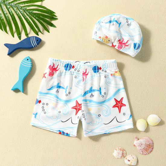 3-7Y Toddler Boy Cartoon Print Swimming Shorts And Cap  Boys Clothing   