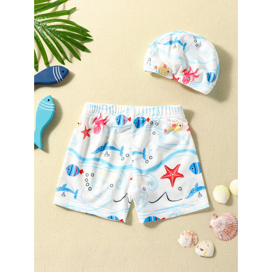 3-7Y Toddler Boy Cartoon Print Swimming Shorts And Cap  Boys Clothing   