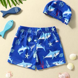 3-7Y Toddler Boy Cartoon Print Swimming Shorts And Cap  Boys Clothing   