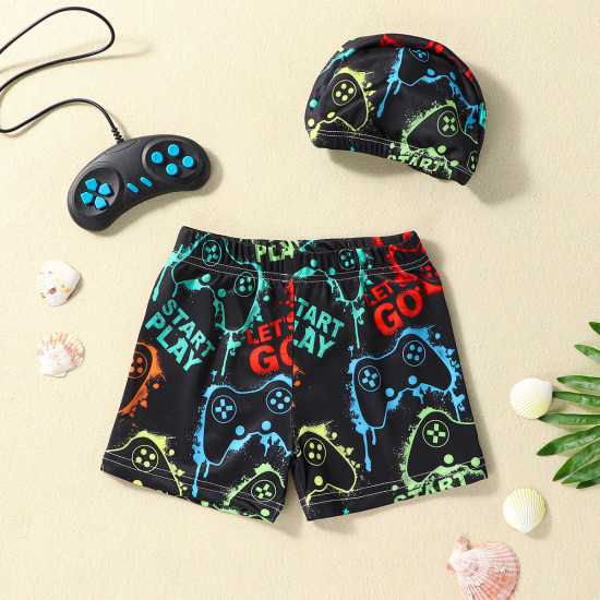 3-7Y Toddler Boy Cartoon Print Swimming Shorts And Cap  Boys Clothing   