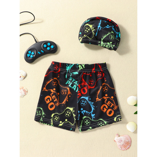 3-7Y Toddler Boy Cartoon Print Swimming Shorts And Cap  Boys Clothing   