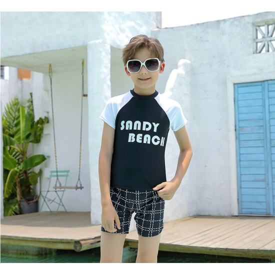 5-9Y Colorblock  Letter Print Short Sleeve Tops And Plaid Shorts Set  Kids Boutique Clothing  