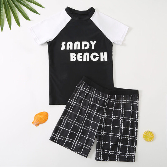 5-9Y Colorblock  Letter Print Short Sleeve Tops And Plaid Shorts Set  Kids Boutique Clothing  