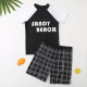 5-9Y Colorblock  Letter Print Short Sleeve Tops And Plaid Shorts Set  Kids Boutique Clothing  