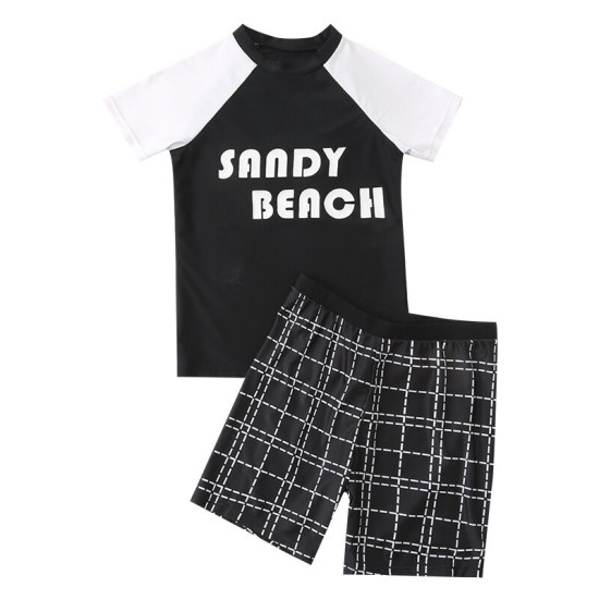 5-9Y Colorblock  Letter Print Short Sleeve Tops And Plaid Shorts Set  Kids Boutique Clothing  