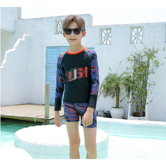 5-9Y Orange Colorblock Long Sleeve Rush Pirnt Tops And Shorts Swimwear Set  Kids Boutique Clothing  