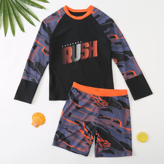 5-9Y Orange Colorblock Long Sleeve Rush Pirnt Tops And Shorts Swimwear Set  Kids Boutique Clothing  