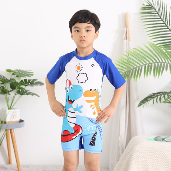 4-6Y Dianosaur Cartoon Print Colorblock Swimwear Jumpsuit  Kids Boutique Clothing  