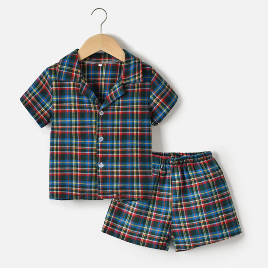 9M-6Y Toddler Boys Pajamas Sets Lapel Plaid Short-Sleeved Shirts Shorts  Boys Clothing   