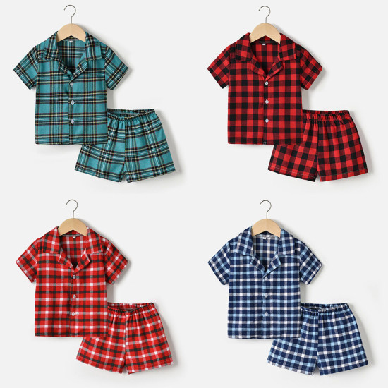 9M-6Y Toddler Boys Pajamas Sets Lapel Plaid Short-Sleeved Shirts Shorts  Boys Clothing   