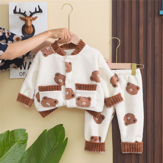 9M-6Y Toddler Boys Cartoon Bear Flannel Pajamas Two Piece Set Cardigan And Pants  Boys Clothes   