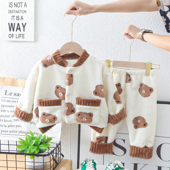 9M-6Y Toddler Boys Cartoon Bear Flannel Pajamas Two Piece Set Cardigan And Pants  Boys Clothes   