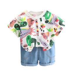 12M-5Y Toddler Boys Sets Fully Printed Cartoon Animal T-Shirts & Jeans  Girls Clothes   