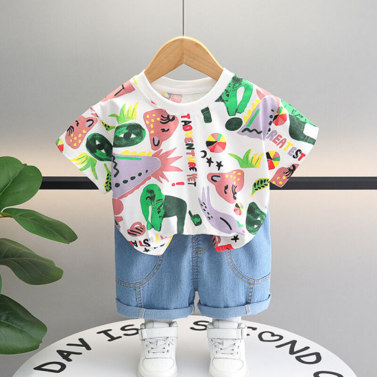 12M-5Y Toddler Boys Sets Fully Printed Cartoon Animal T-Shirts & Jeans  Girls Clothes   