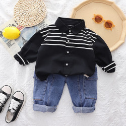 12M-5Y Toddler Boys Sets Lapel Striped Shirts And Jeans  Girls Clothes   